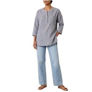 J.Jill Love Linen blue v-neck tunic shirt with roll-tab sleeves Size Medium